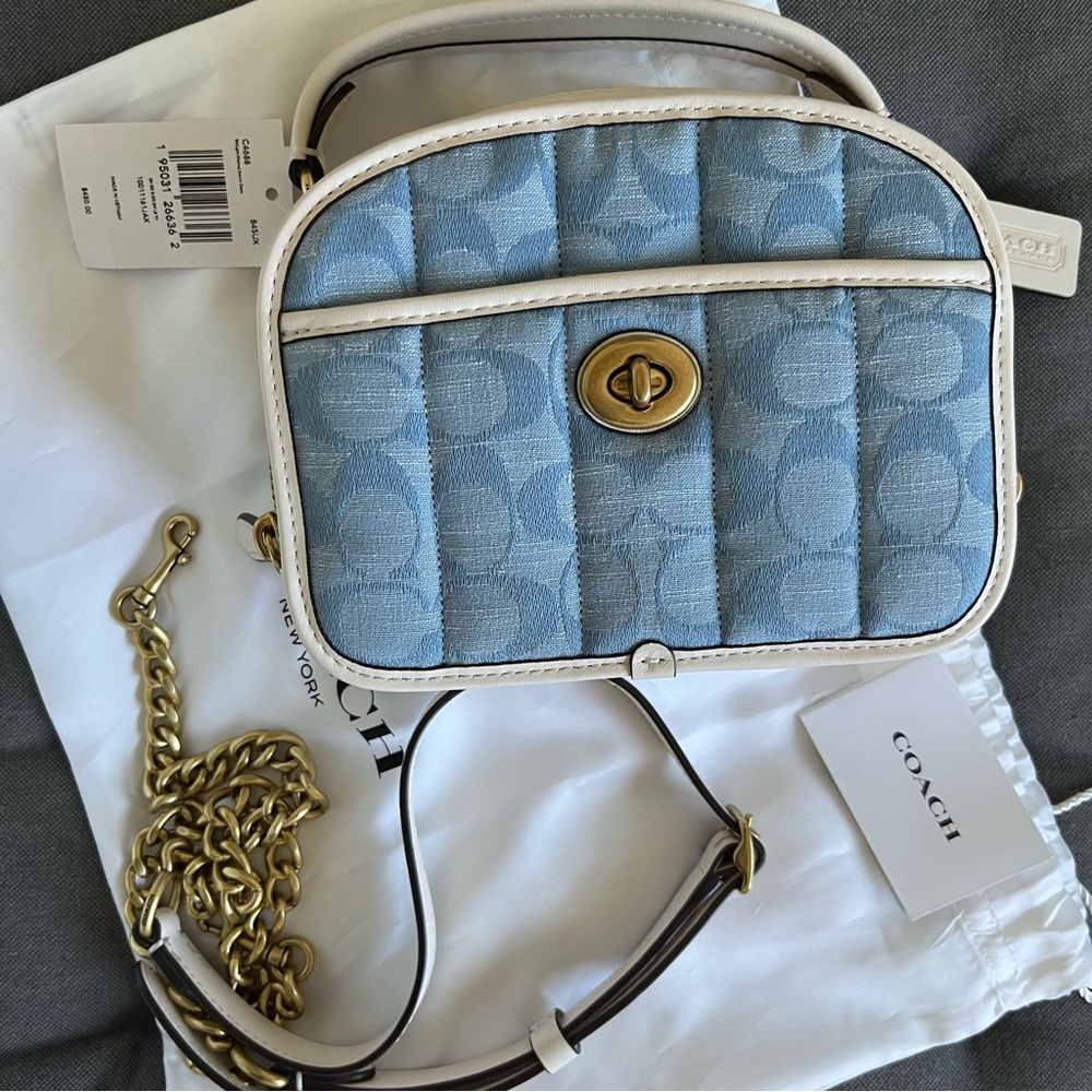 Coach Light Blue Quilted Denim Camera Crossbody with Gold Hardware